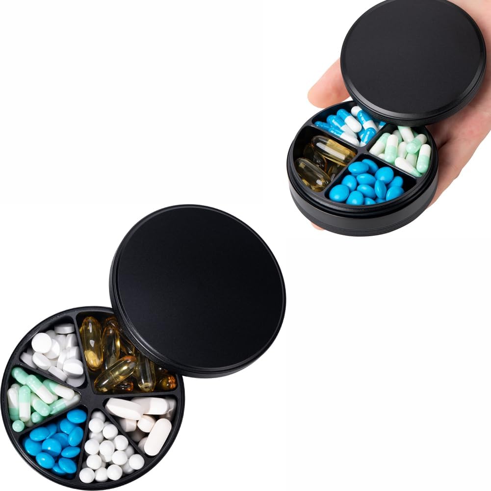 6 Compartiment Organizator de pastile & 4 Compartiment Cutie de pastile - Organizator de pastile metalice impermeabile, Aliaj de aluminiu rotund zilnic medicament Container pentru vitamina, medicina, supliment, ulei de pește