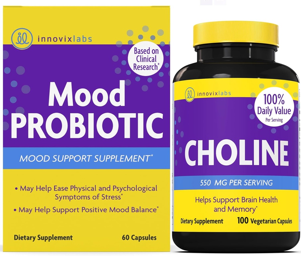 InnovixLabs Choline & Mood Probiotic Bundle Choline Bitartrat 550 mg (100 capsule) Probiotic Mood (60 capsule). Suportă Memorie, Mood, Brain Health & Boost Cognitive.*