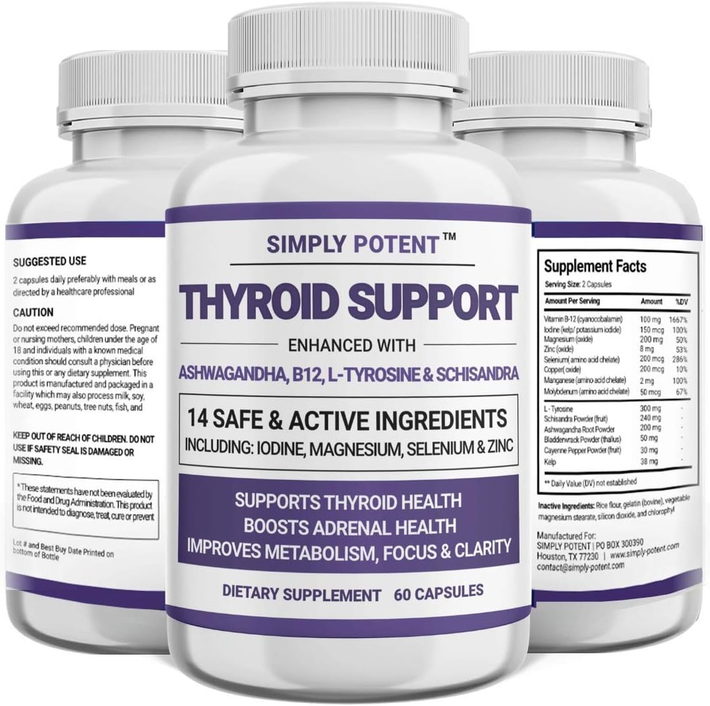Pur și simplu potent suport tiroidian și suport adrenal 2-in-1 Formula naturală cu iod și Ashwagandha pentru energie, metabolism, Focus pentru femei și bărbați, 60 Caps