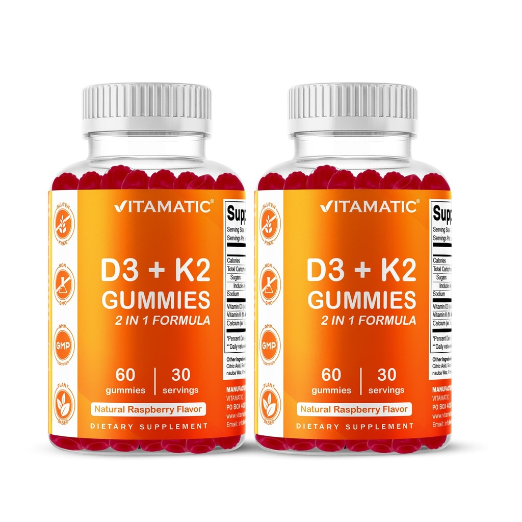 Vitamina Vitamatic D3 & K2 Gummies (2-Pack, 60 Count) susține oase sănătoase, Heart Health, Absorbție de calciu, și funcția imună de plante-Based, non-GMO, Gluten-Free