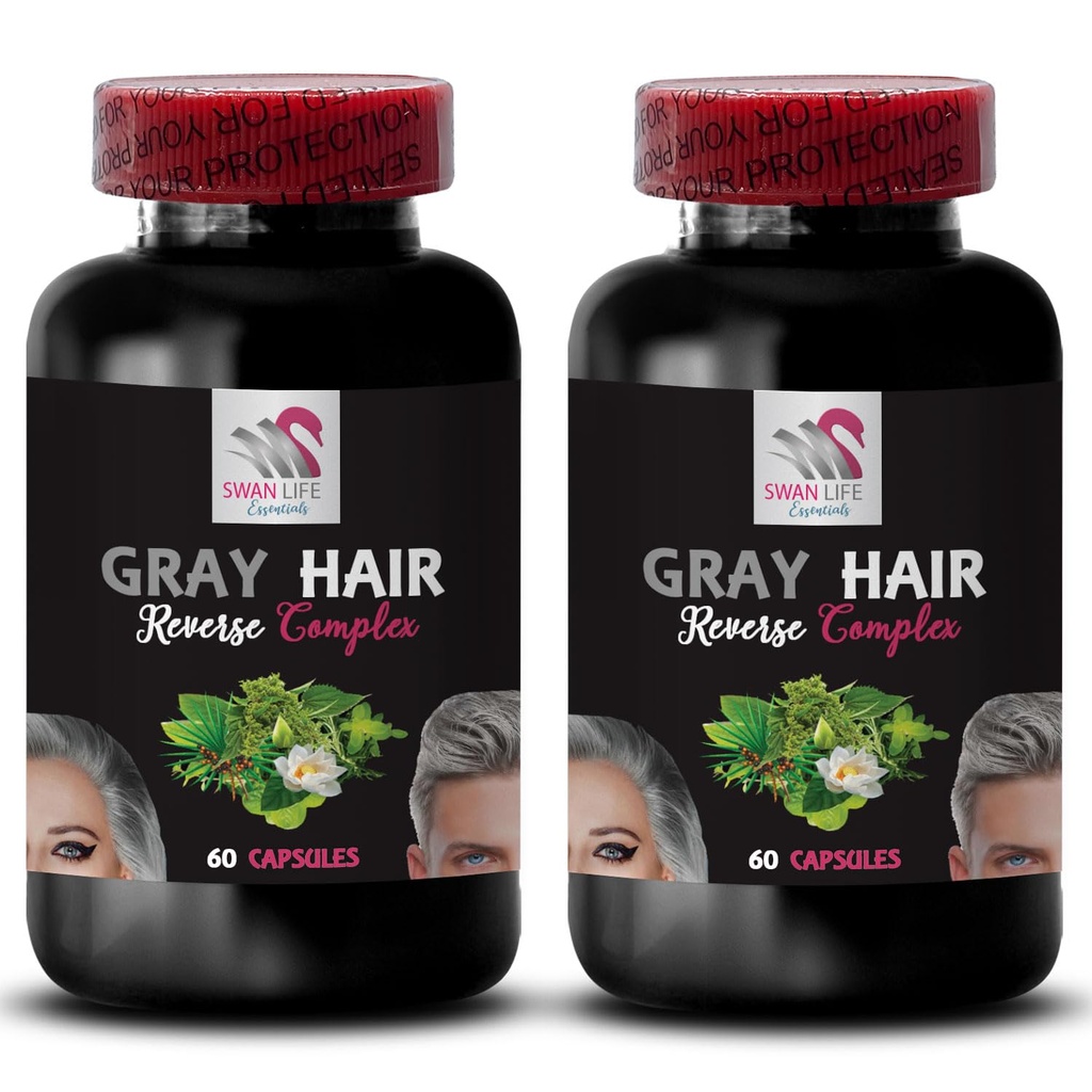 Restaurarea părului - GRAY HAIR REVERSE - stralucirea parului, Restaurarea vibrației, Soluție de îngrijire a părului, Culoare nouă, Restaurarea părului, Tonul parului, Age-sfidarea parului, Vibrant culoarea parului 2 Sticle 120 Caps