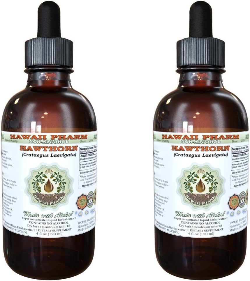Hawaii Pharm Hawthorn Extract lichid fără alcool, Hawthorn (Crataegus Laevigata) Fleaf uscat și flori Glicerit naturale Herbal Supliment 2x4 oz