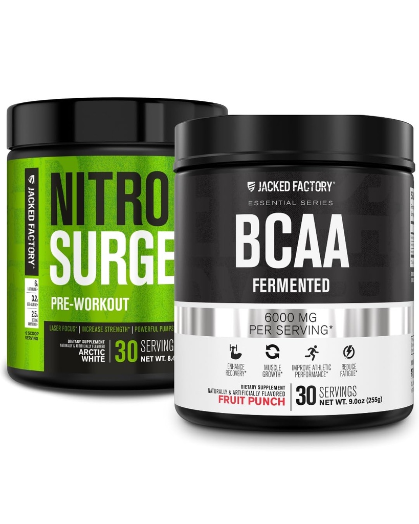 Fabrica Jacked Nitrosurge Pre-workout în Arctic alb și BCAA în Punch de fructe pentru construirea musculare și recuperarea
