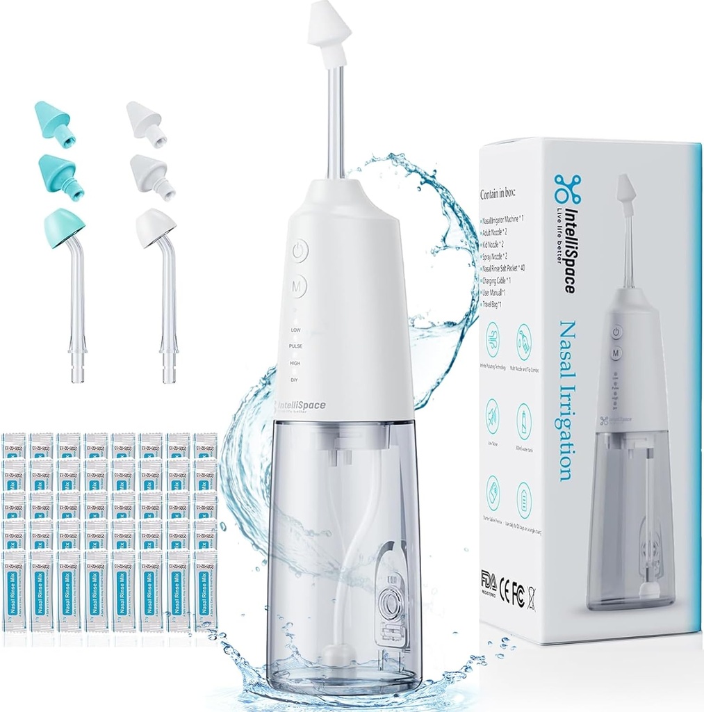 Sistem de irigatii nazale Portabil Clătire Nasal Masina pentru Sinus Alergie Ajutor Nasal - Electric Neti Pot pentru Irigare Nasal - Sinus Clătite Kit cu 6 Duze 40 Salt Packs