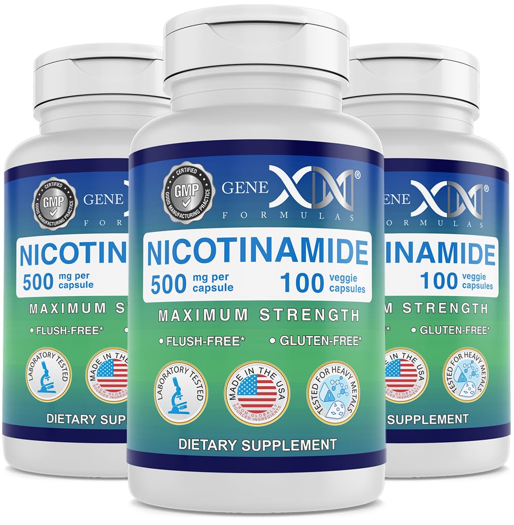 Genex Formulas Nicotinamida 500mg (3-Pack) Vitamina B3 Flush Capsule de niacin gratuit pentru piele sanatoasa - Niacinamida Supliment pastile ajuta Produce Keratina si Skin Cell Health & Energy (300 capsule)