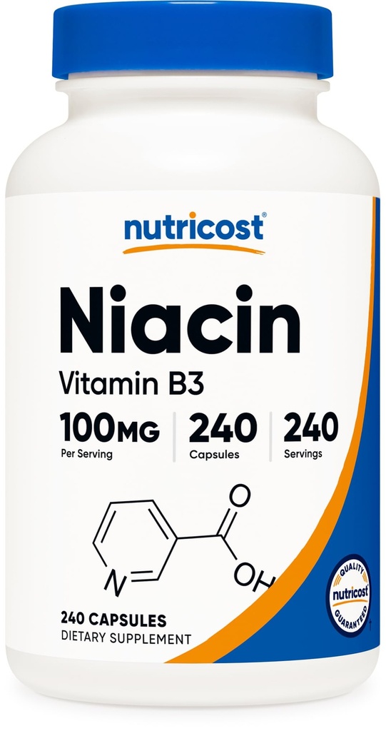 Nutricost Niacin (Vitamina B3) 100 mg, 240 capsule - cu Flushing, Non-GMO, Gluten Free