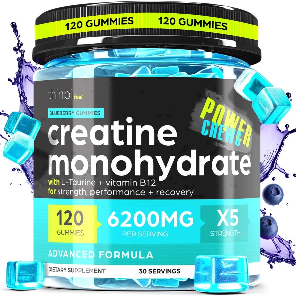 Creatin Monohidrat Gummies Complex 6200mg pentru bărbaţi şi femei - 120 Gume avansate Formula W/L-Taurină + vitamina B12 pentru forţa musculară, musculare Constructor, energie Boost, supliment de pregătire - Thinbi