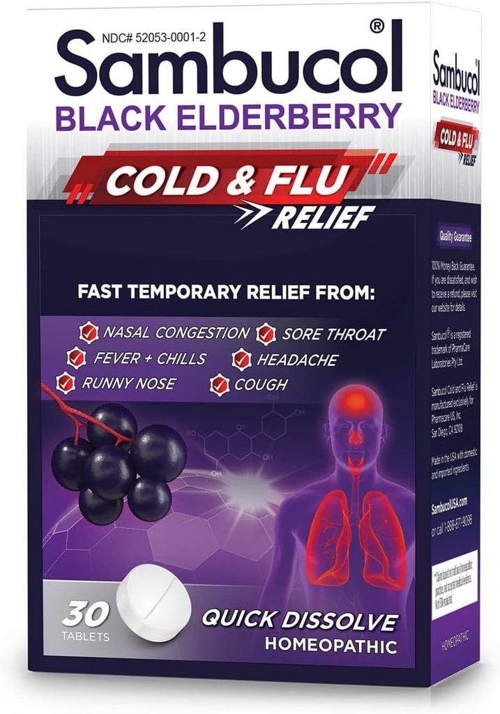 Sambucol tablete de relief pentru răceală și gripă - Homeopatic Rece Medicine, Rece Remediu pentru adulți, Black Elderberry pentru răceli, Zinc Rece Remediu - 30 Conte