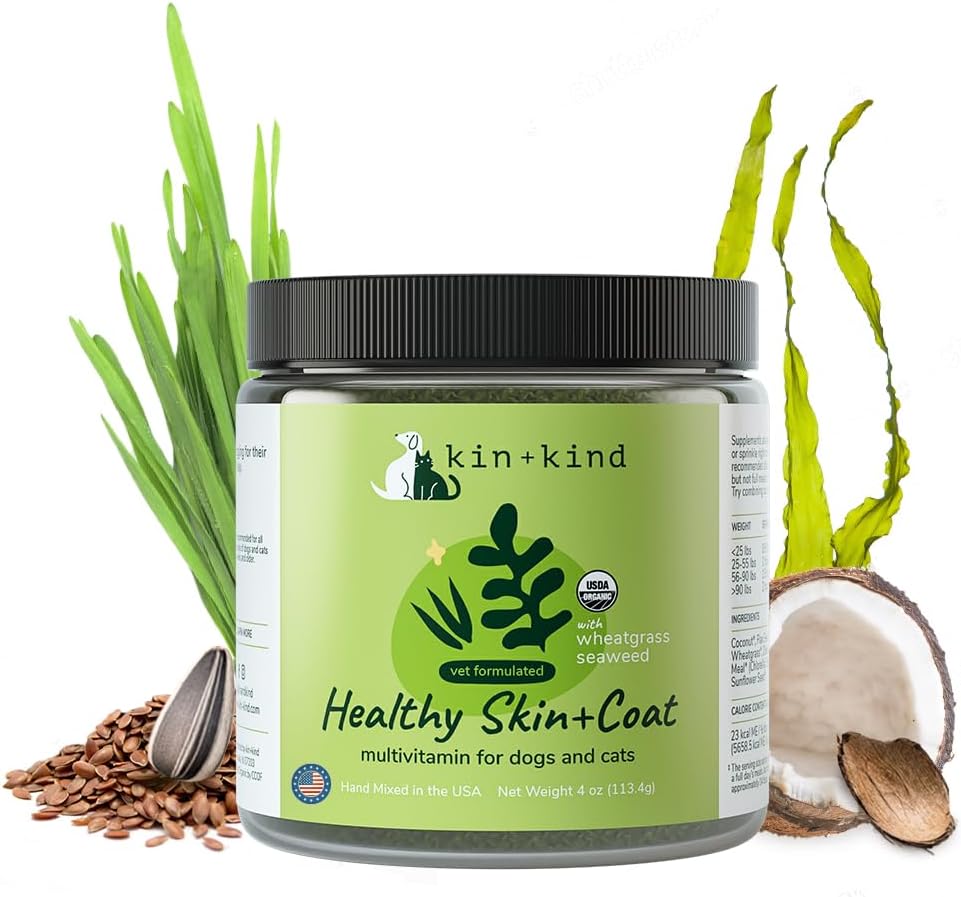 kine+kind Organic Multivitamine pentru câini și pisici - Pet Supplement for Healthy Skin and Coat - Safe, Formula naturală cu Wheatgrass, Kelp, Seaweed and Coconut - Made in USA - 4 oz (Medium)