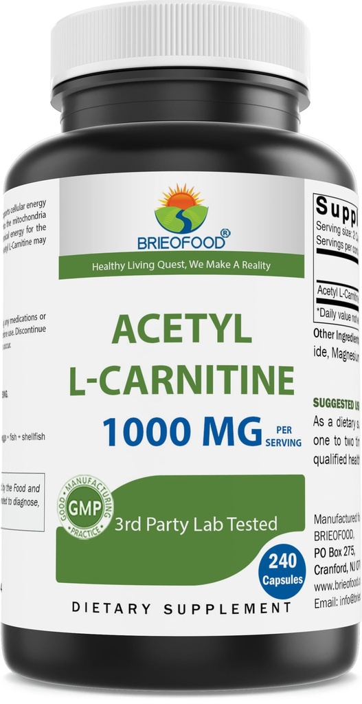 Brieofood Acetil L- Carnitină 1000 mg Per Serving- 240 capsule. Fără gluten, fără GMO.