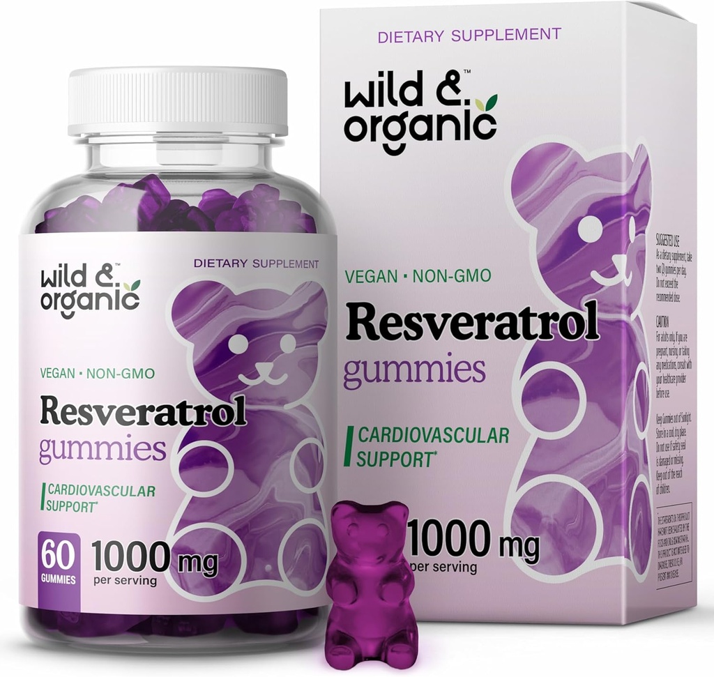 Wild & Organic Resveratrol Gumries 1000mg - Trans Resveratrol Supliment pentru Antioxidant, Brain, Immune Support - 60 Vegan, Non-GMO Gummies antioxidante