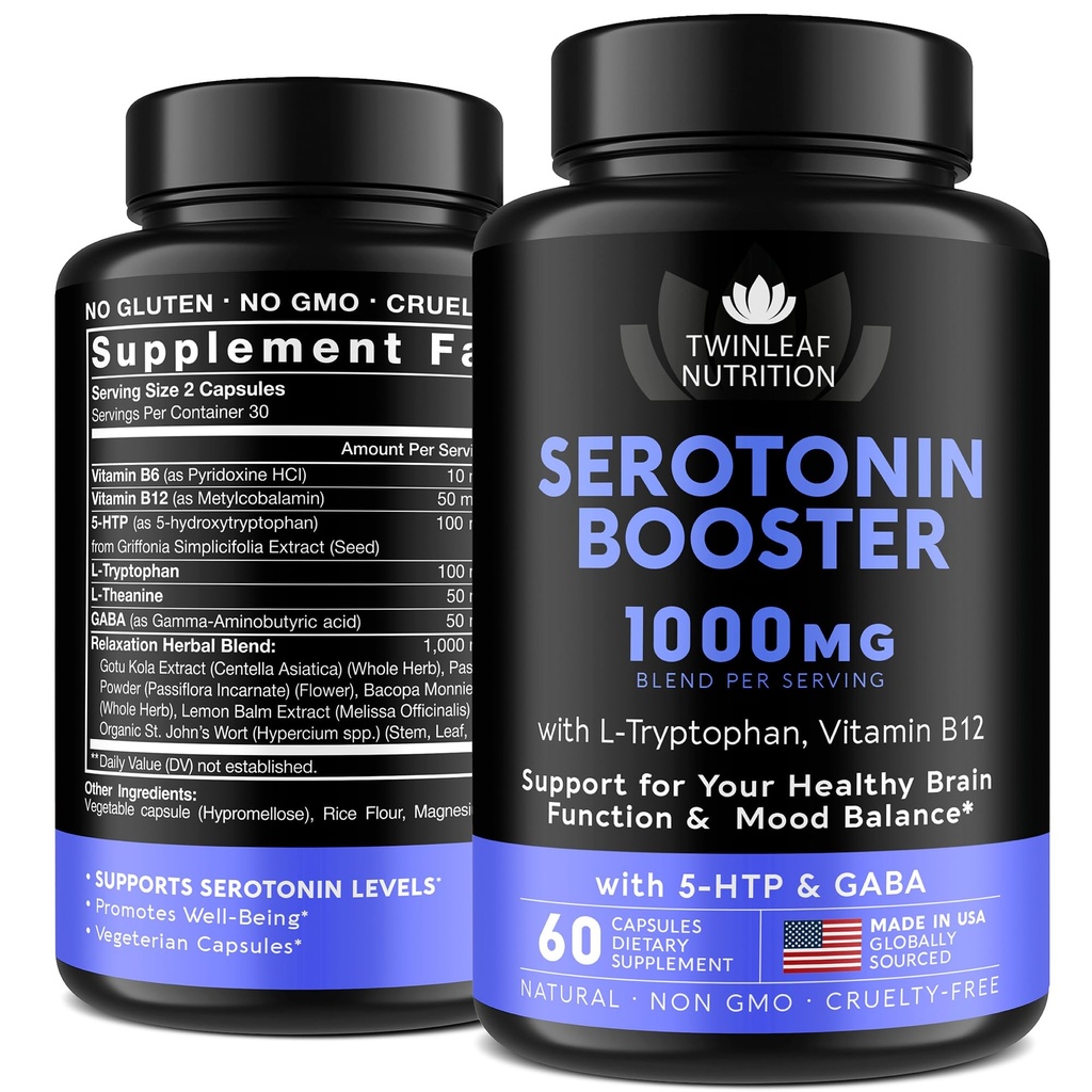 Supliment serotoninergic natural - Made in USA 5HTP Serotonina & Cortizol Manager - Serotonina Booster Suplimentul de vitamine pentru femei cu 5-HTP, vitamina B6, B12, GABA, L Theanină, L Tryptofan - 60 capsule