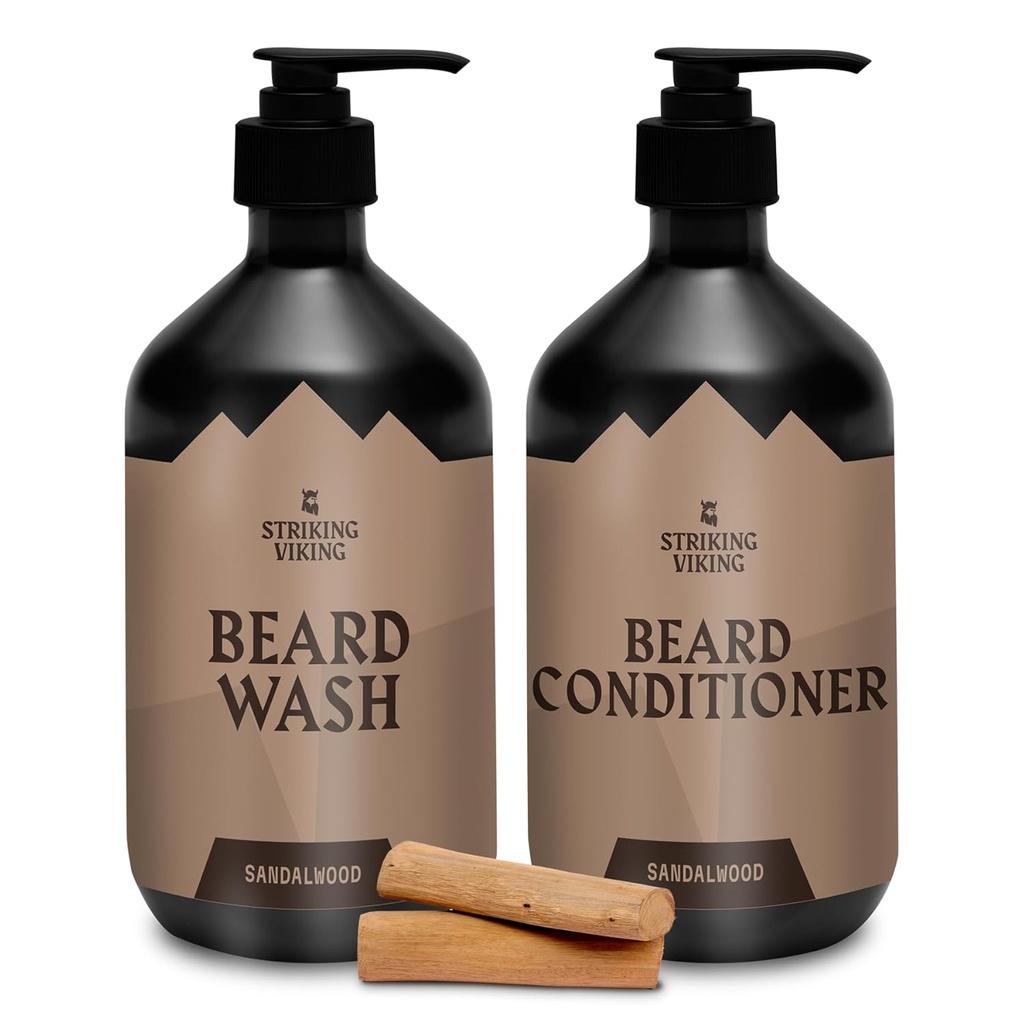 Set de îngrijire Viking Barbă (Sandalwood) - Paraben & sulfate Free Shampoo cu ulei Jojoba - Deep Clean pentru toate tipurile de barbă (10oz pe sticlă)