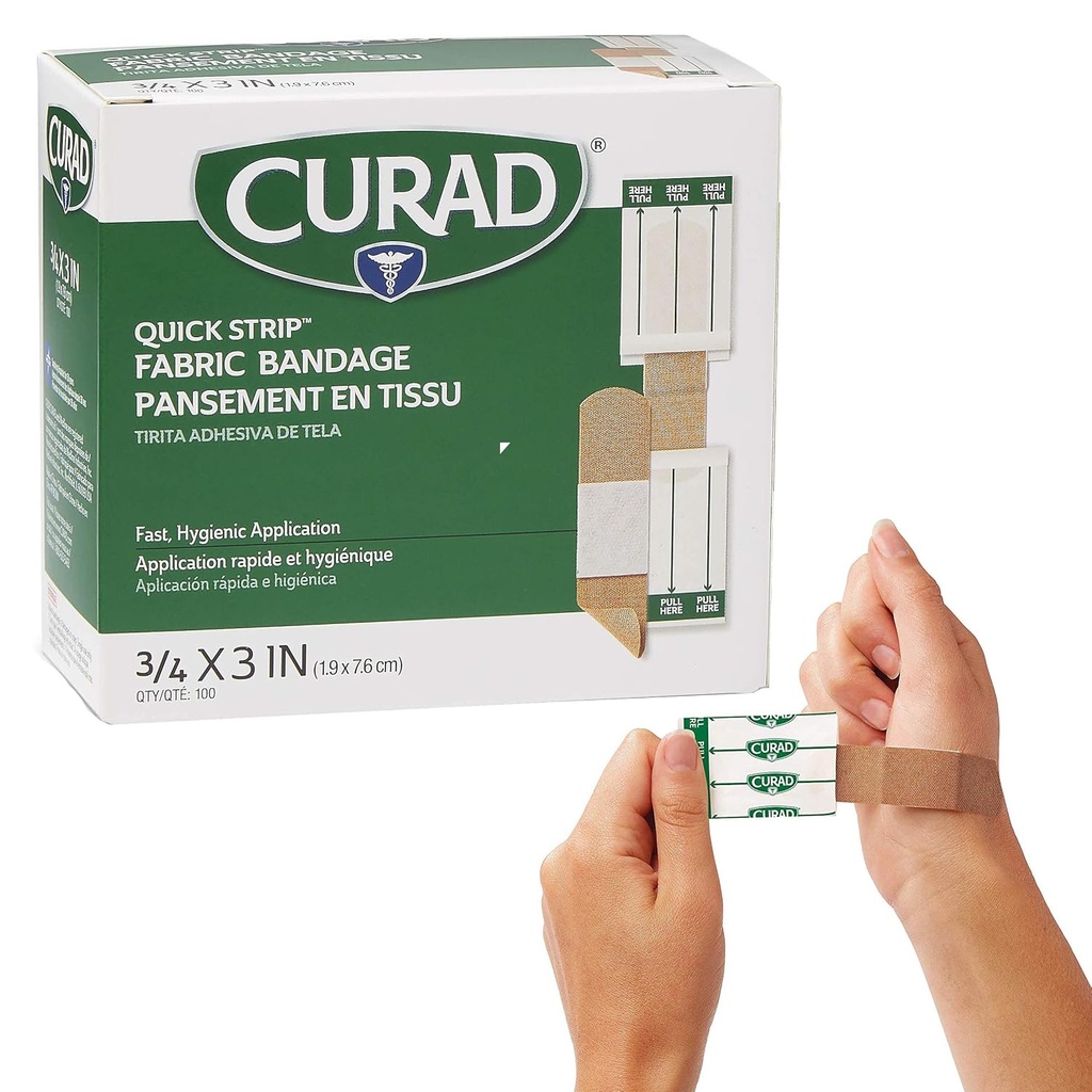 CURAD tesatura rapida Bandaje sterile adezive cu aplicatie rapida, 3/4" x 3," Cutie de 100