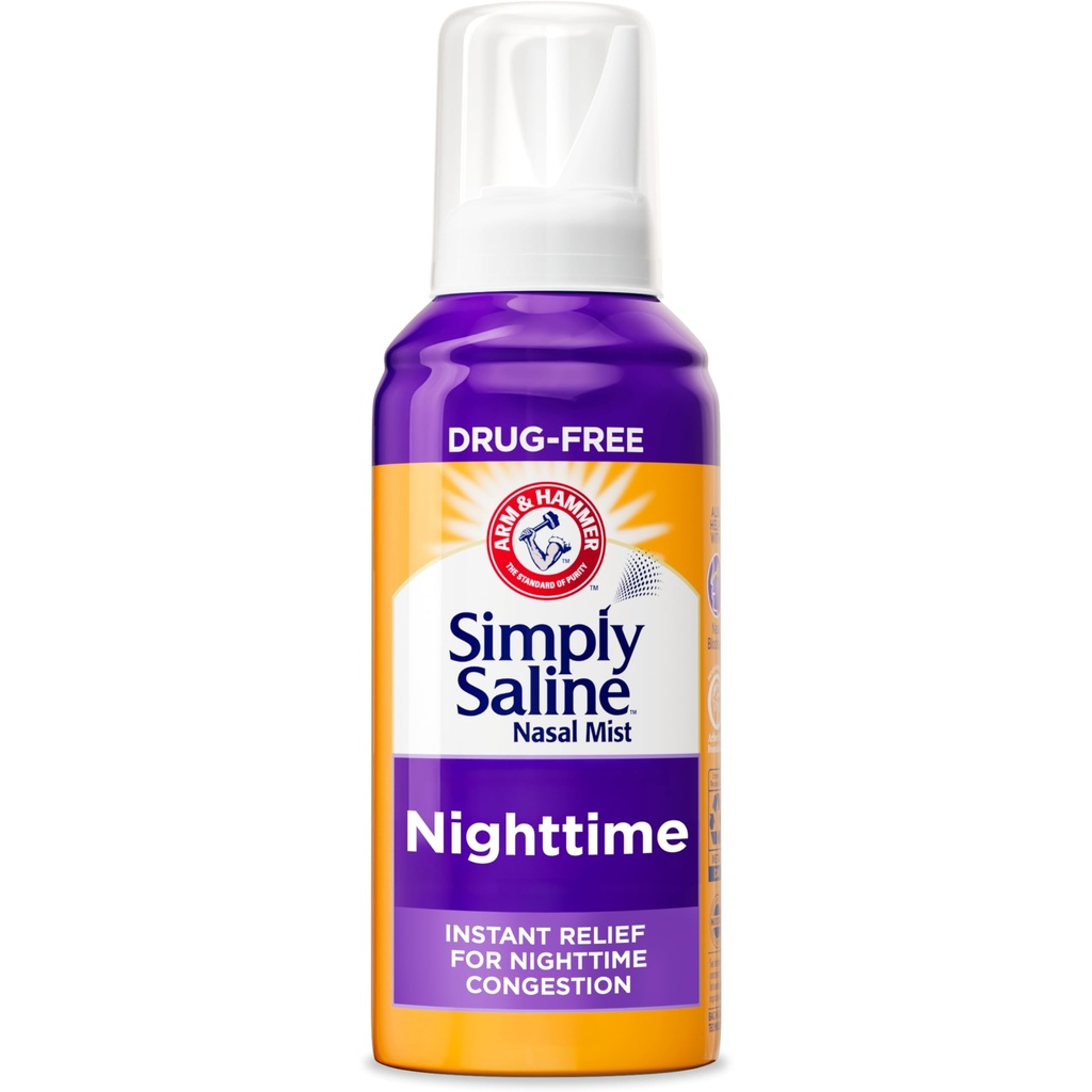 ARM & HAMMER Pur și simplu Saline Nighttime Mist fără droguri pentru congestie nazală pe timp de noapte, extra Putere, calmant Eucalipt, sigur de utilizat cu Rx și OTC, pentru adulți și copii Vârsta 2+, 4.6 oz (129 g)