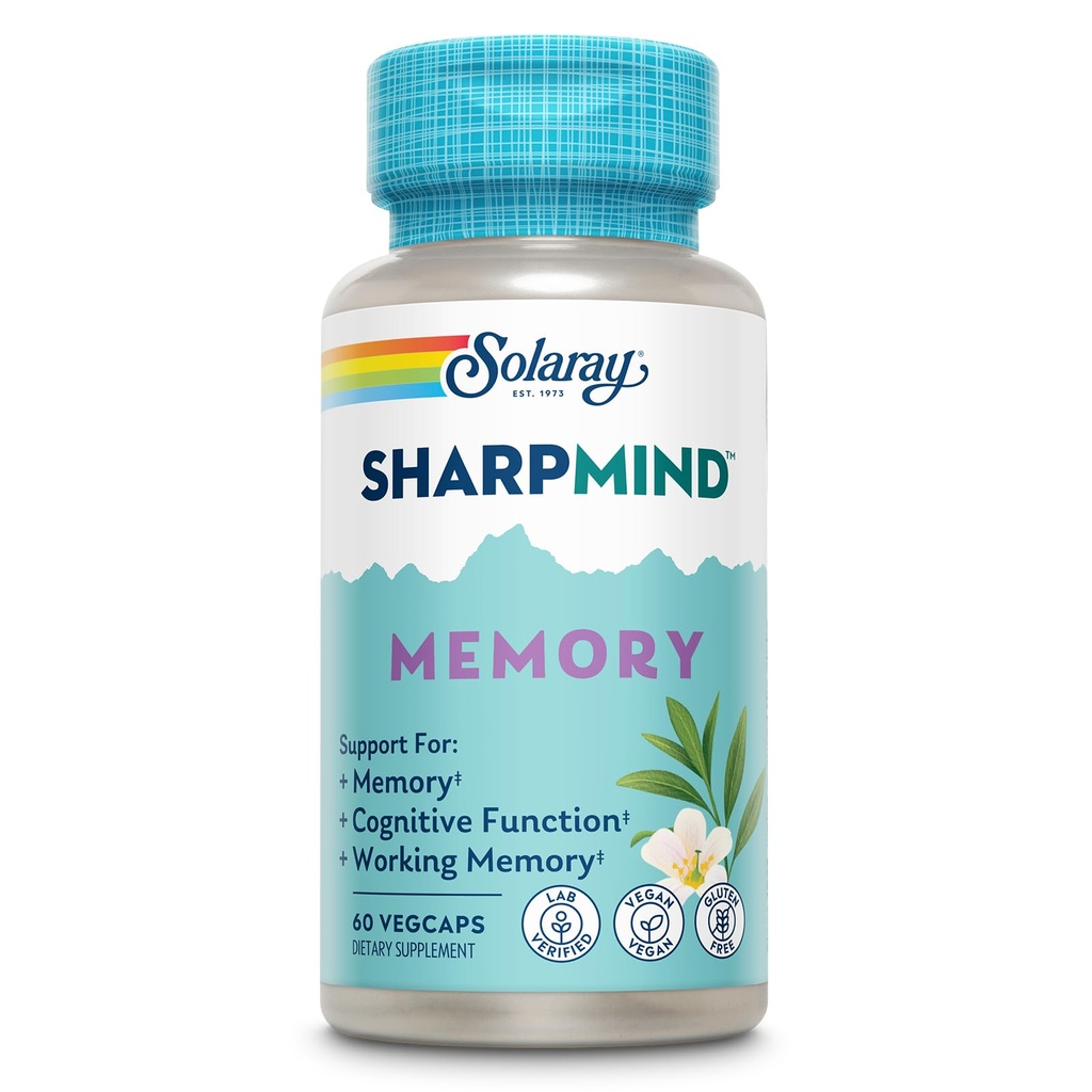 SOLARAY SharpMind Formula de memorie - Suplimente pentru creier pentru memorie și concentrare - Cognivia, Gotu Kola & Chaga supliment de ciuperci - Ginkgo Biloba Alternative - 60-Day Guarantee - 30 Serviri, 60 VegCaps
