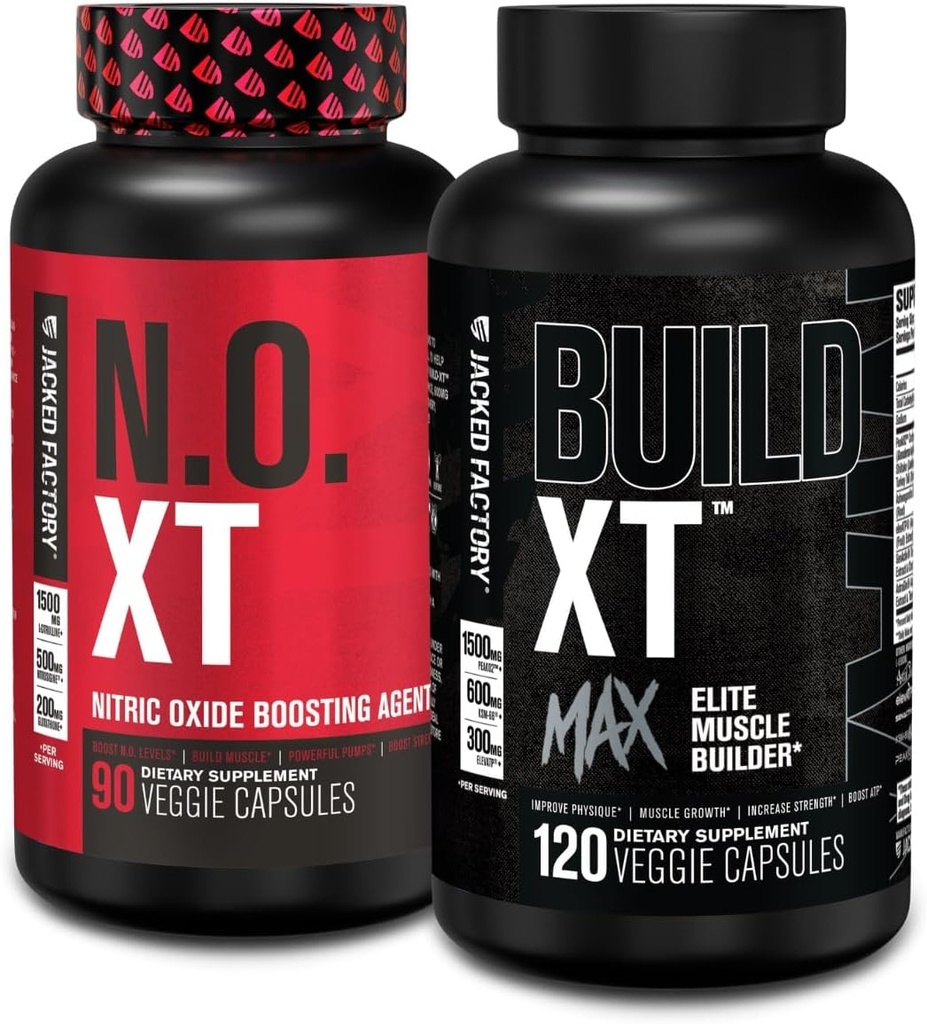 Fabrica Jacked N.O. XT Oxid de azot Supliment (90 Count) & Build XT Max Elite Muscle Builder (120 Count)
