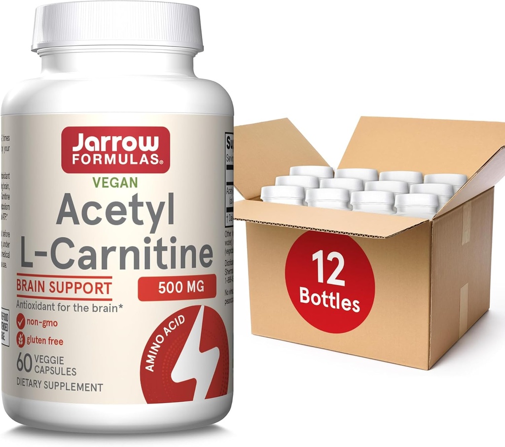 Jarrow Formulas Acetil L-Carnitina 500 mg, Supliment alimentar, Suport Aminoacid pentru sanatatea creierului si antioxidanti, 60 Capsule Veggie, 60 zile de aprovizionare (pachet de 12)