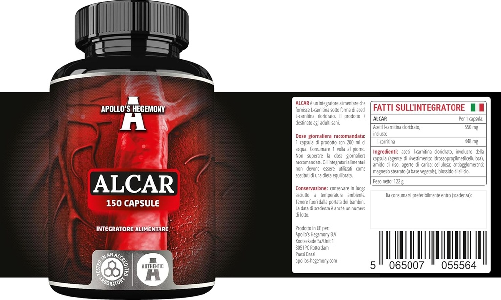 APOLLO'S HEGEMONY Acetyl L-Carnitina HCL 550 mg, ALCAR 150 Capsule Vegan, 5 luni de aprovizionare, supliment de acid aminic de înaltă rezistență, suportă funcții cognitive și niveluri energetice