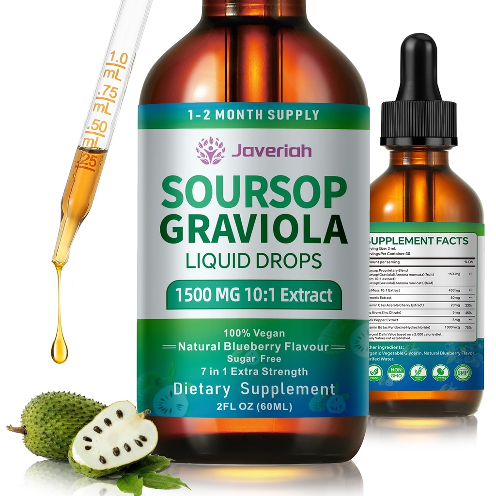 Soursop Graviola lichid picaturi Supliment cu extract de Moss Sea, Soursop Bitters lichid pentru suport Cell & Regenerare, Imunitate, Ficat, Antioxidant, Graviola Frunze Extract 2 Luna aprovizionare 60ML