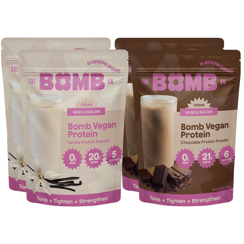 Bombe Blender The Bomb Co. Bomb Plant Proteine, Ciocolata si Vanilla Proteina Pulbere cu 21g Proteina, Aminoacidi, Zero Zahăr, Pea Proteine, Cocoa, Chia Seminte, Vanilie & Monk Fruit, 60 Srvgs
