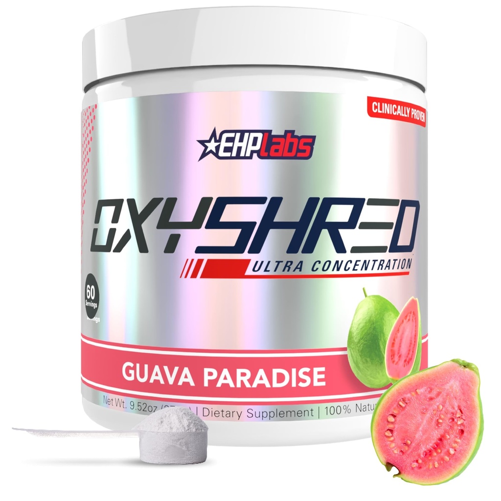 EHP Labs OxyShred Pre Antrenament pulbere & Shredding Supliment - Preworkout Pulbere cu L Glutamina si Acetil L Carnitina, Energie Boost Drink - Guava Paradise, 60 Serviri