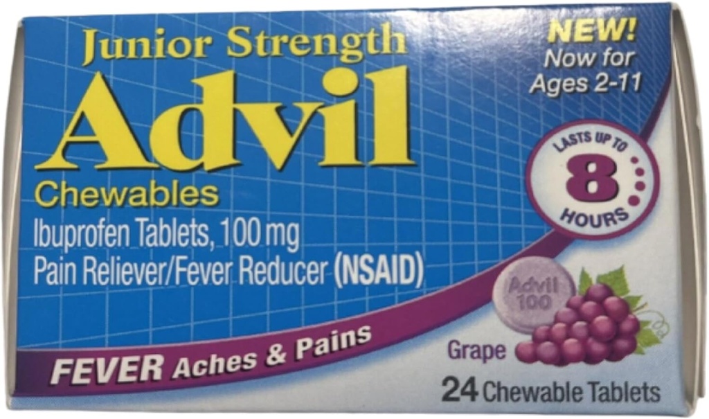 Advil Junior Chemable Ibuprofen comprimate, struguri 100 mg, 24 comprimate Fiecare (Pachet de 4)