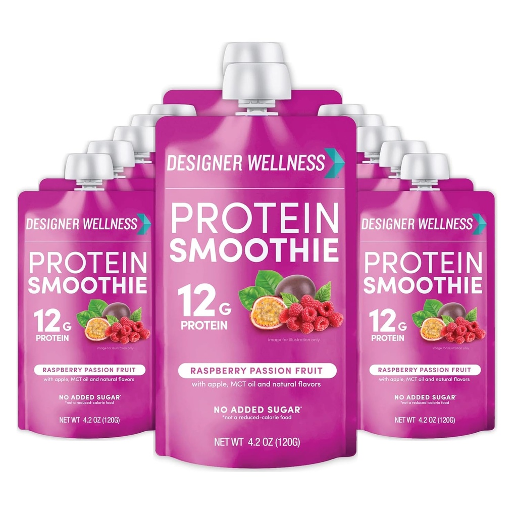 Designer Wellness Proteine Smoothie, fructe reale, 12g Proteine, carbohidrat scăzut, Zero Adauga zahar, Gluten-gratuit, non-GMO, Fără culori artificiale sau arome, Raspberry Passion Fruit, 12 Conte