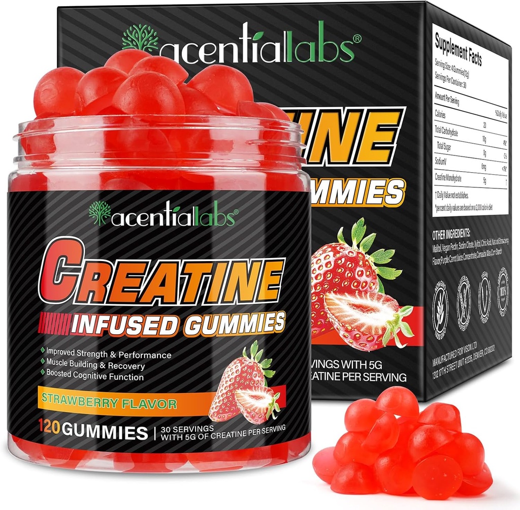 Creatină Monohidrat Gummie Creatină Monohidrat per Servire Creatură masticabilă pentru Constructor musculare, Boost de energie, 120 Gume