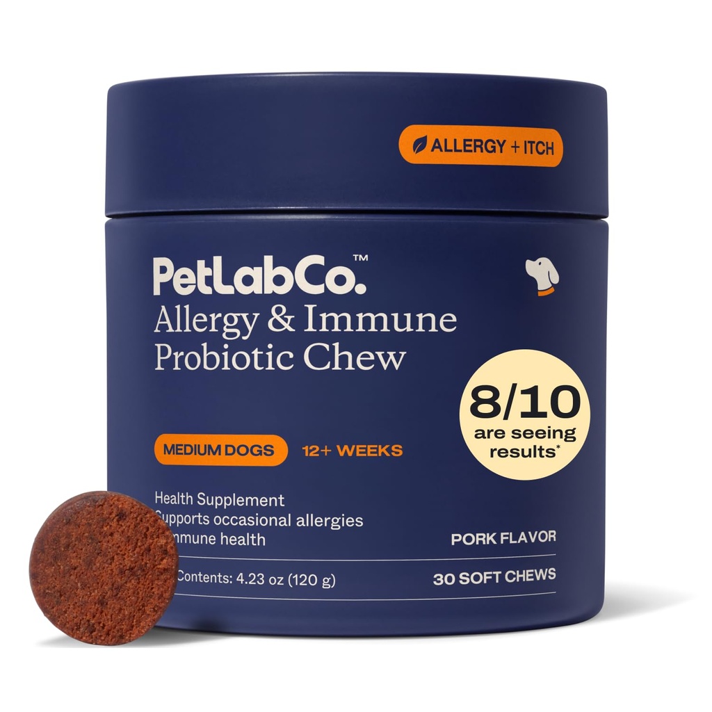 PetLab Co. Alergie & Imun Probiotice Daily pentru câini. Susţine producţia de duri, alergii sezoniere, mâncărime intermitentă, sănătate gut & digestivă pentru câini de talie medie, ambalare mai Vary