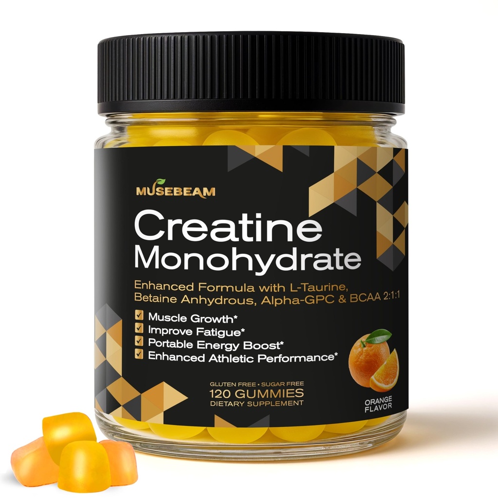 Creatină Monohidrat 5000 mg Supliment Gummies - cu L-Taurine Betaine Anhidru Alpha-GPC BCAA 2:1:1 - Gluten fără zahăr gratuit pentru bărbați Femei