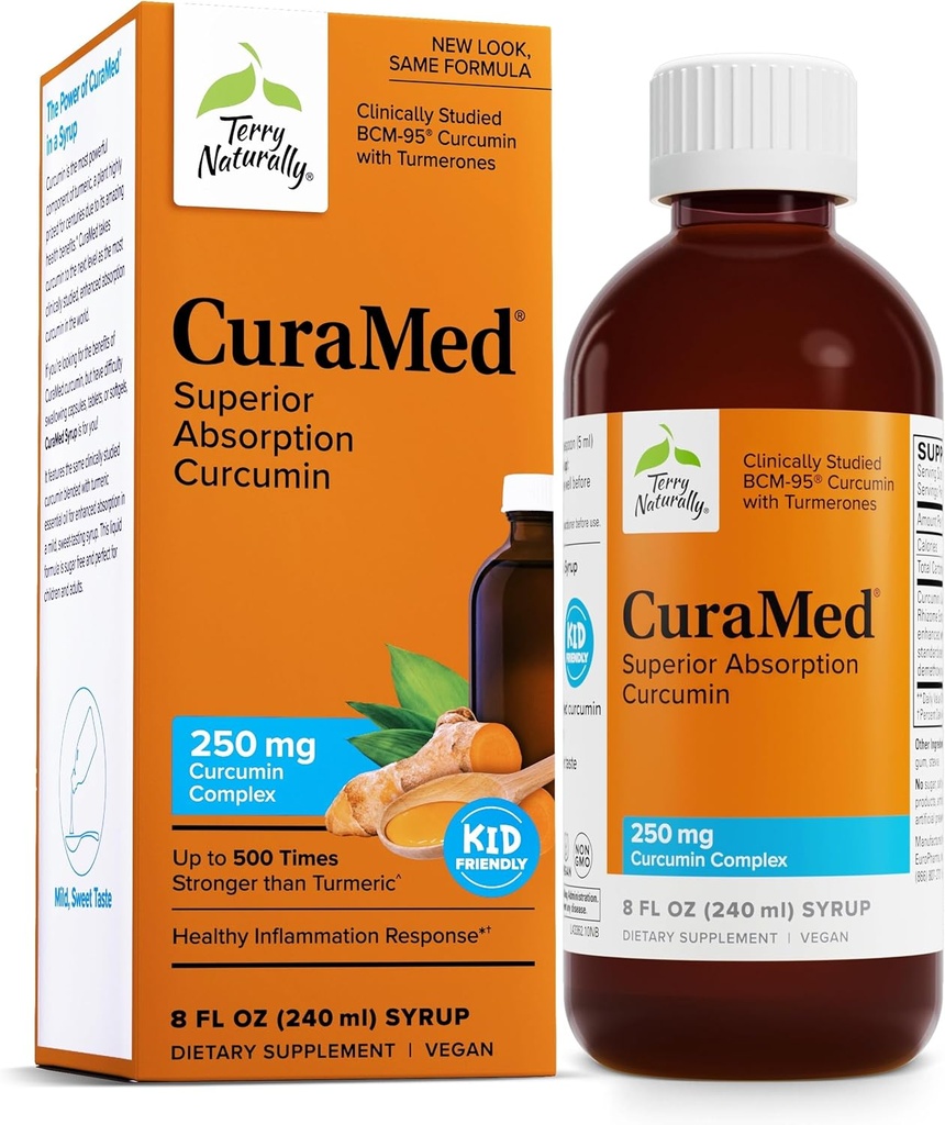 Terry Natural CuraMed Syrup - Brain & Imuna Health Supplement - Curcumin Absorbtion Formula cu ulei esential Turmeric - Gluten-gratuit & Vegan Supliment - 8 fl oz