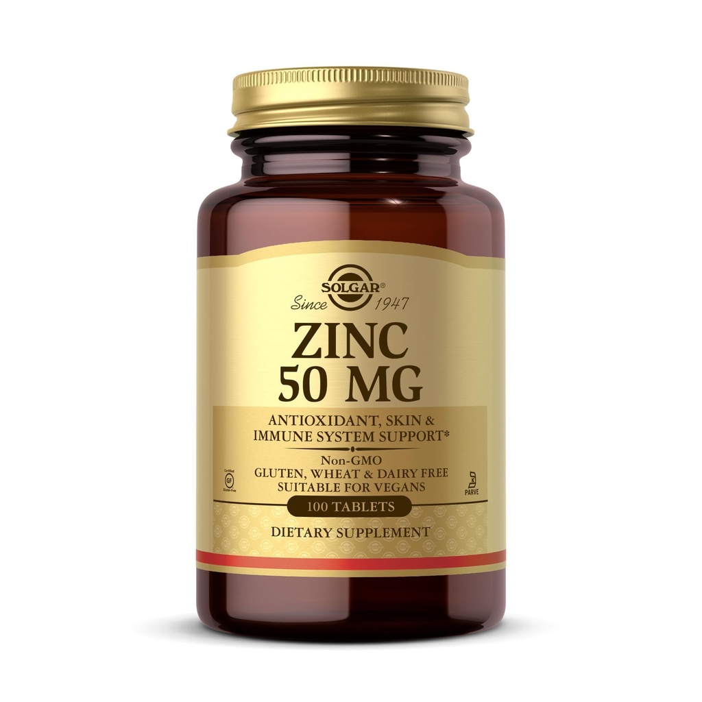 Solgar Zinc 50 mg, 100 comprimate - Zinc pentru piele sanatoasa, gust si viziune - Sistem imunitar si suport antioxidant - Sustine cresterea celulelor si formarea ADN - non OMG, Vegan, gluten gratuit - 100 Serviri
