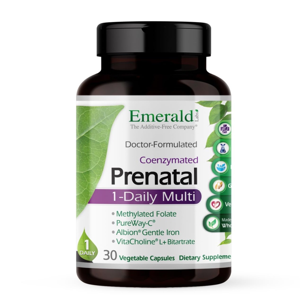 Emerald Labs Prenatal 1-Daily Multi - Multivitamine prenatale cu Folat metilat, fier, întreg alimente Blend & More - Soy-Free, Gluten-Free - 30 capsule vegetale