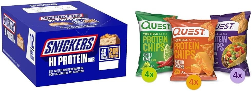 SNICKERS Hi Proteine Peanut Caramel Bar Bulk Box, Quest Tortilla Proteine chips-uri pachet varietate