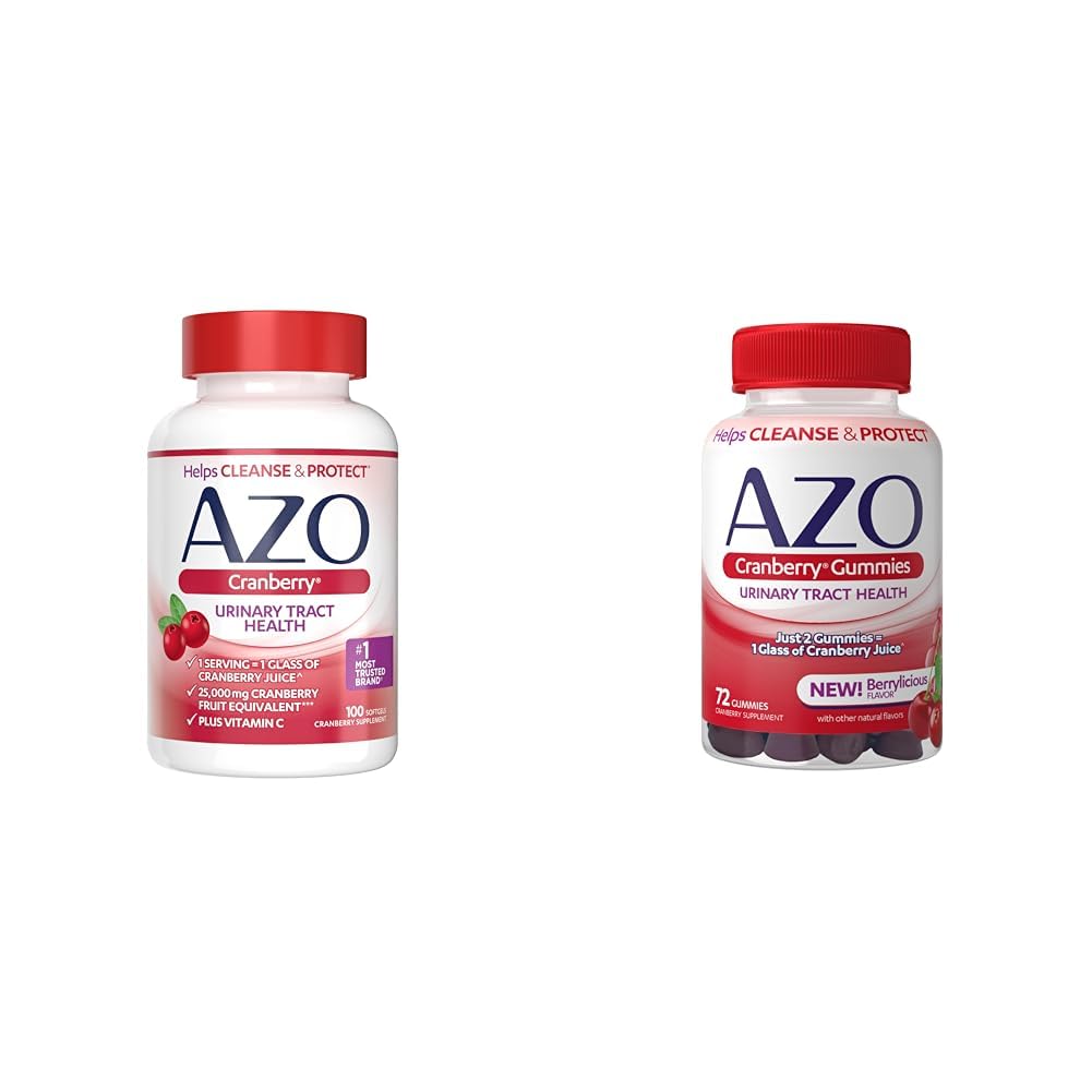 AZO Cranberry tract urinar Suplimentul de sănătate Softgels & Gummies, 1 Softgel/Gummy = 1 suc de merișor de sticlă, zahăr fără, non-GMO, 100 Softgels & 72 Gummies