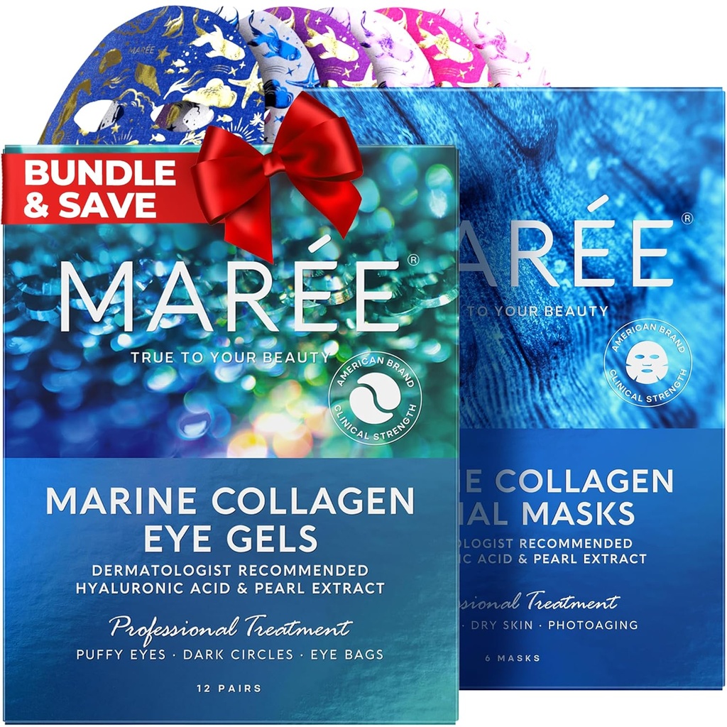 MAREE Geluri ochi și măști faciale Bundle - Geluri sub ochi pentru ochi pufoase ochi și cercuri întunecate, foi hidratare măști - Colagen marin și acid hialuronic, extract de alge verzi și roșii - pentru toate tipurile de piele