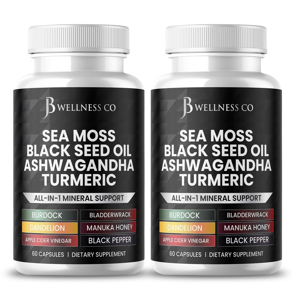 Sea Moss Black Seed Oil Ashwagandha Turmeric Bladderwrack Braddock - cu Manuka, Honey Dandelion, ACV Black Pepper Gluten Free- 120 Conte
