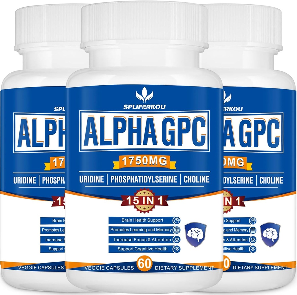 15-in-1 Alpha GPC Supliment cu fosfatidilserină, Uridină, L-Teanină, Ciupercă cu coamă de leu, 180 capsule