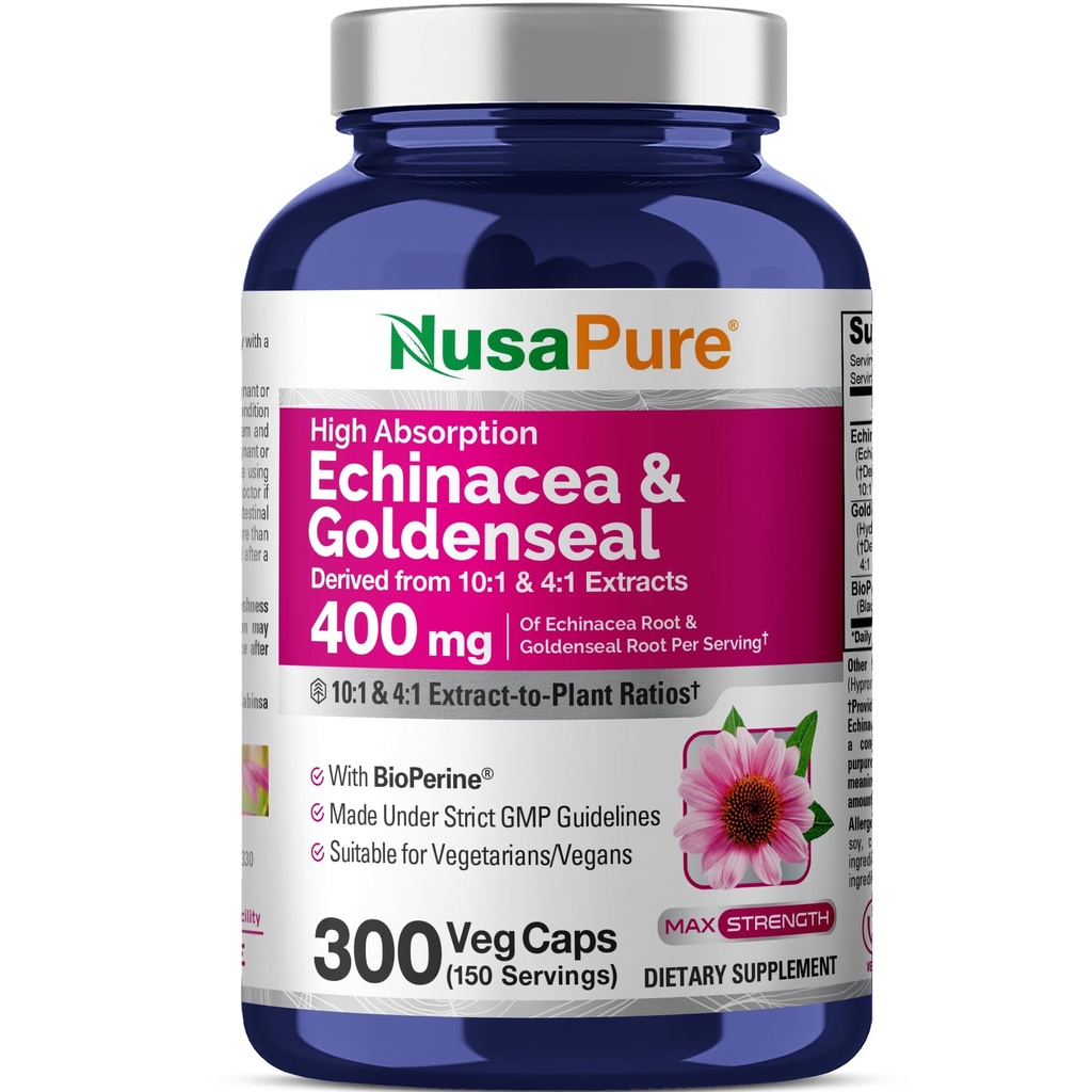 NusaPure Echinacea Goldenseal 200mg, (Extract 10:1, echivalent cu 2.000mg), 200mg, (Extract 4:1, echivalent cu 800mg) - 2800mg 300 Veggie Caps (Vegetarian, Non-GMO, Vegan)