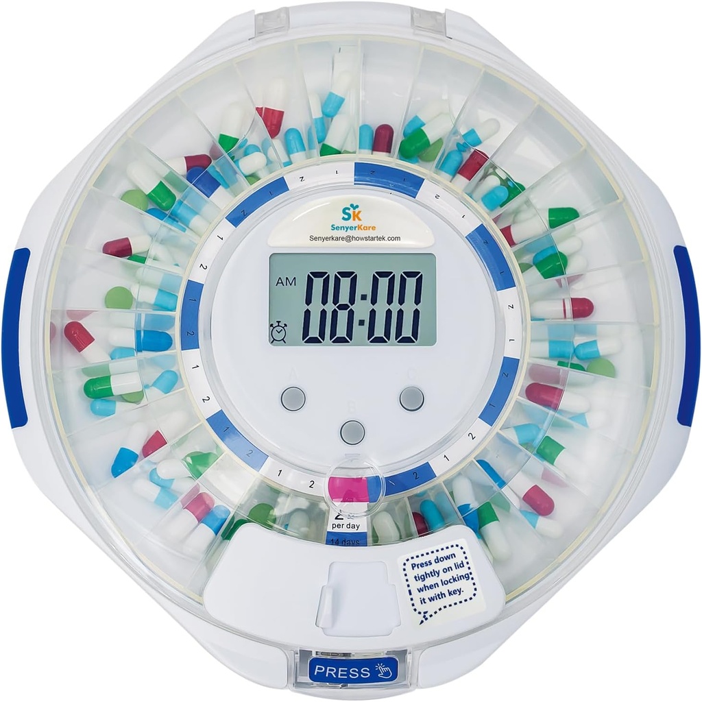 SenyerKare 28-Day Automatic Pilula Dispenser cu Alarmă & Alzheimers Care, Organizator de medicamente w/Easy-Read LCD Display, Sound & Light & Key Alerte pentru medicamente, Vitamine, Suplimente, Clear Lid