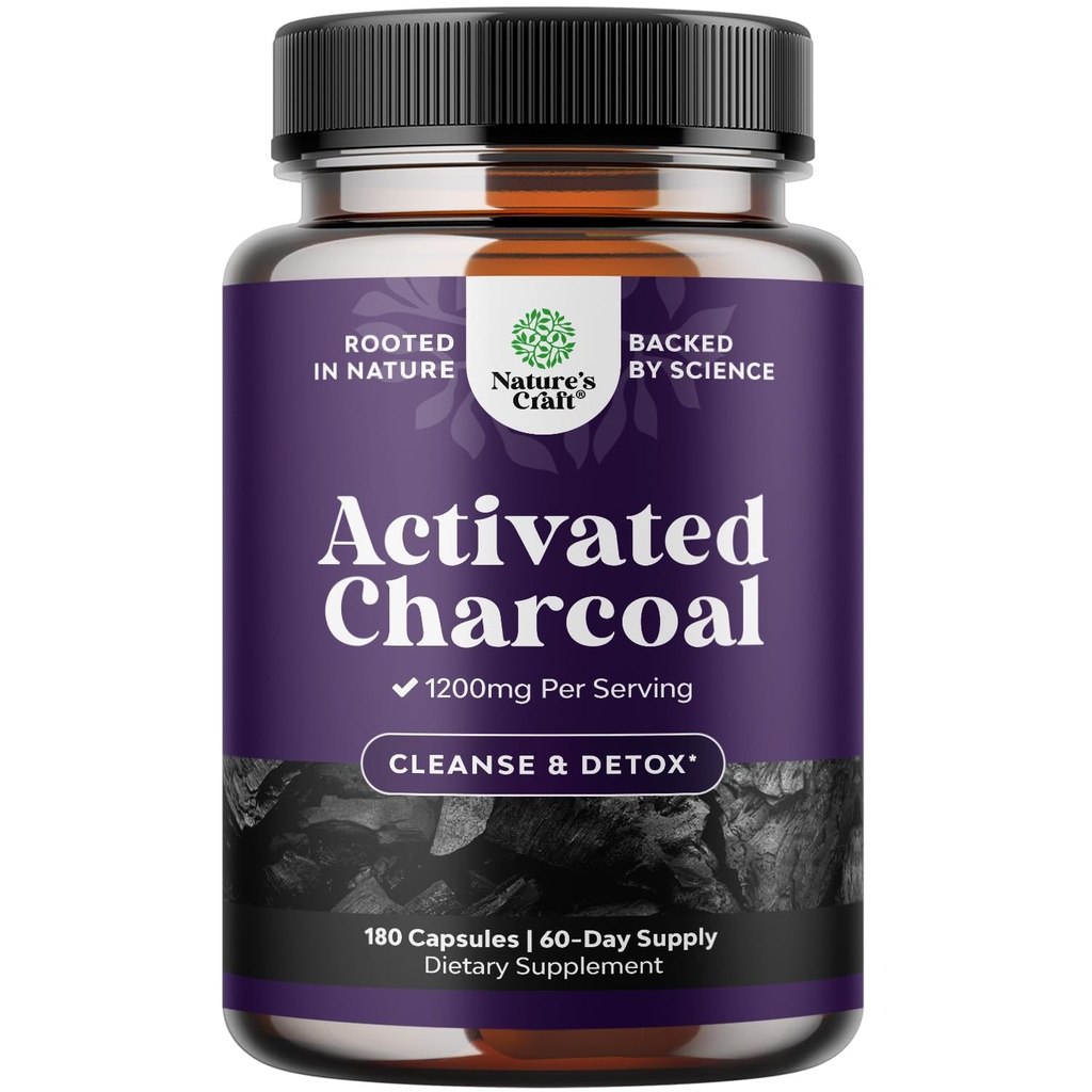 Naturas Craft pastile Charcoal activate Detoxifiere & Cleanse - Purificarea capsulelor de nucă de cocos cu 1200 mg Per Servire pentru ajutor de balonare - Active Detox Supliment pentru Body & Gut Health -180 Conte