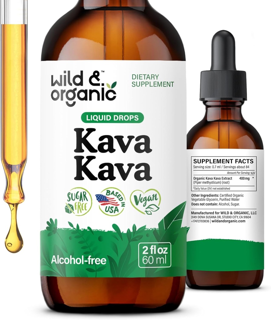 Salbatice si organice Kava Kava Tincture 400 mg - Supliment de sustinere a dispozitiei - calmarea picăturilor lichide de extract de root - 2 luni de aprovizionare - Vegan, zahar si alcool - 2 fl oz