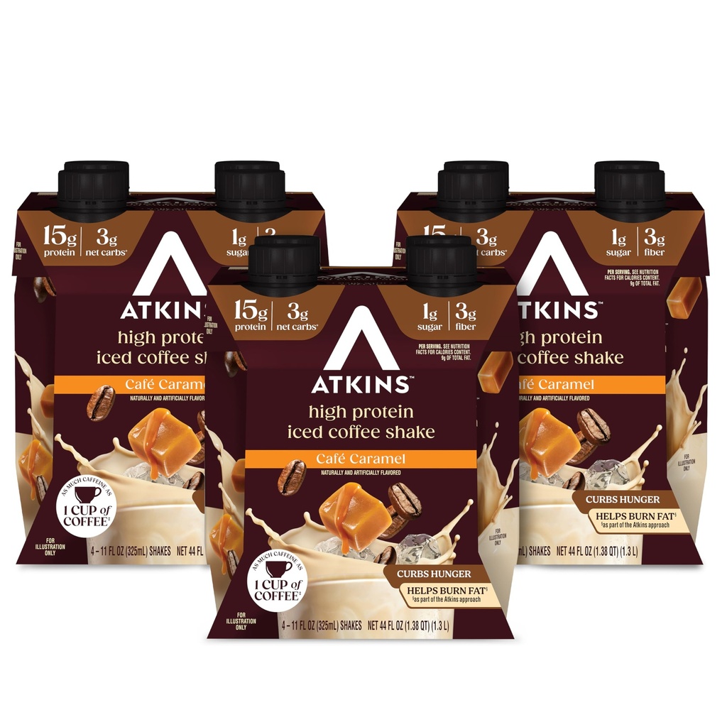 Atkins Café Caramel Iced de cafea aroma de proteine Shake, Shake de proteine ridicate, Glicemic scăzut, Carb scăzut și zahăr scăzut, Keto Friendly, Gluten gratuit, 12 Conte