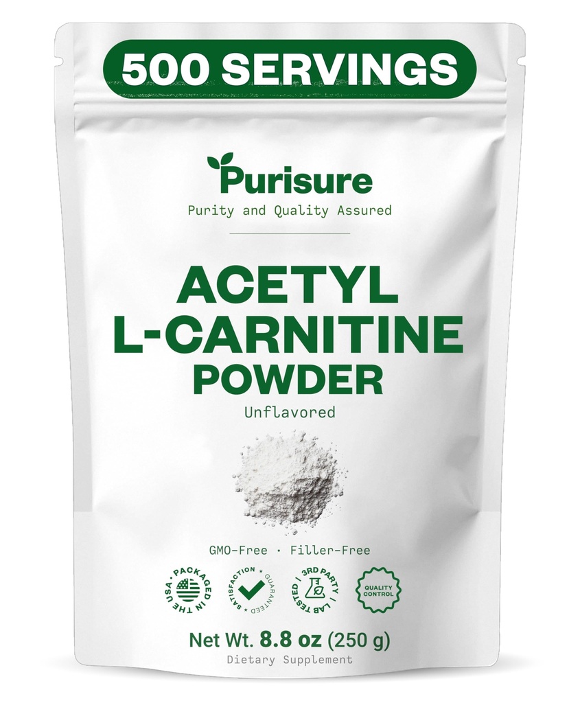 Purisure Acetil L-Carnitina pulbere, 250g, ALCAR pulbere, Amino Acid Supliment, Acetil L-Carnitina Supliment pentru performanta cognitiva mai buna si rezistenta musculara, Gluten gratuit, non-GMO, 500 Serviri