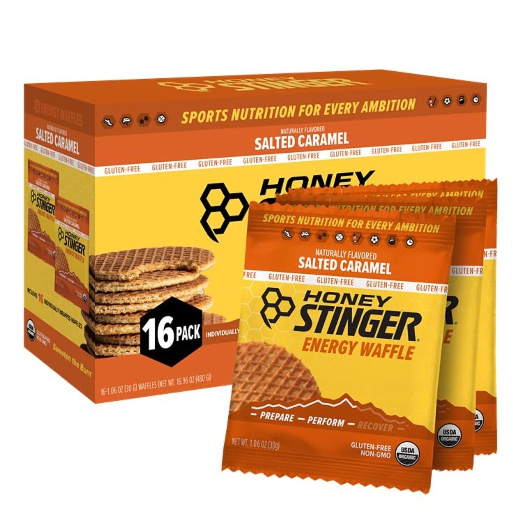 Honey Stinger Organic Gluten Gratuit Caramel Waffle, Energie Stroopwafel pentru Exercitii, Rezistenta si Performanta, Sport nutritie pentru Home & Gym, Pre & Post Workout, Cutie de 16 Waffles, 16.96 Oz
