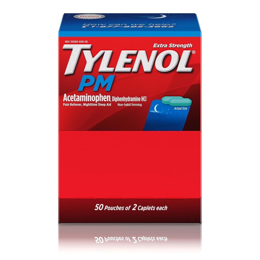 Tylenol PM Extra Putere Durere pe timp de noapte Relieiver Caplete de ajutor pentru somn cu Acetaminofen & Difenhidramină HCl, Relief pentru dureri și dureri nocturne, Dimensiune de călătorie, 50 Pachete de 2 capele