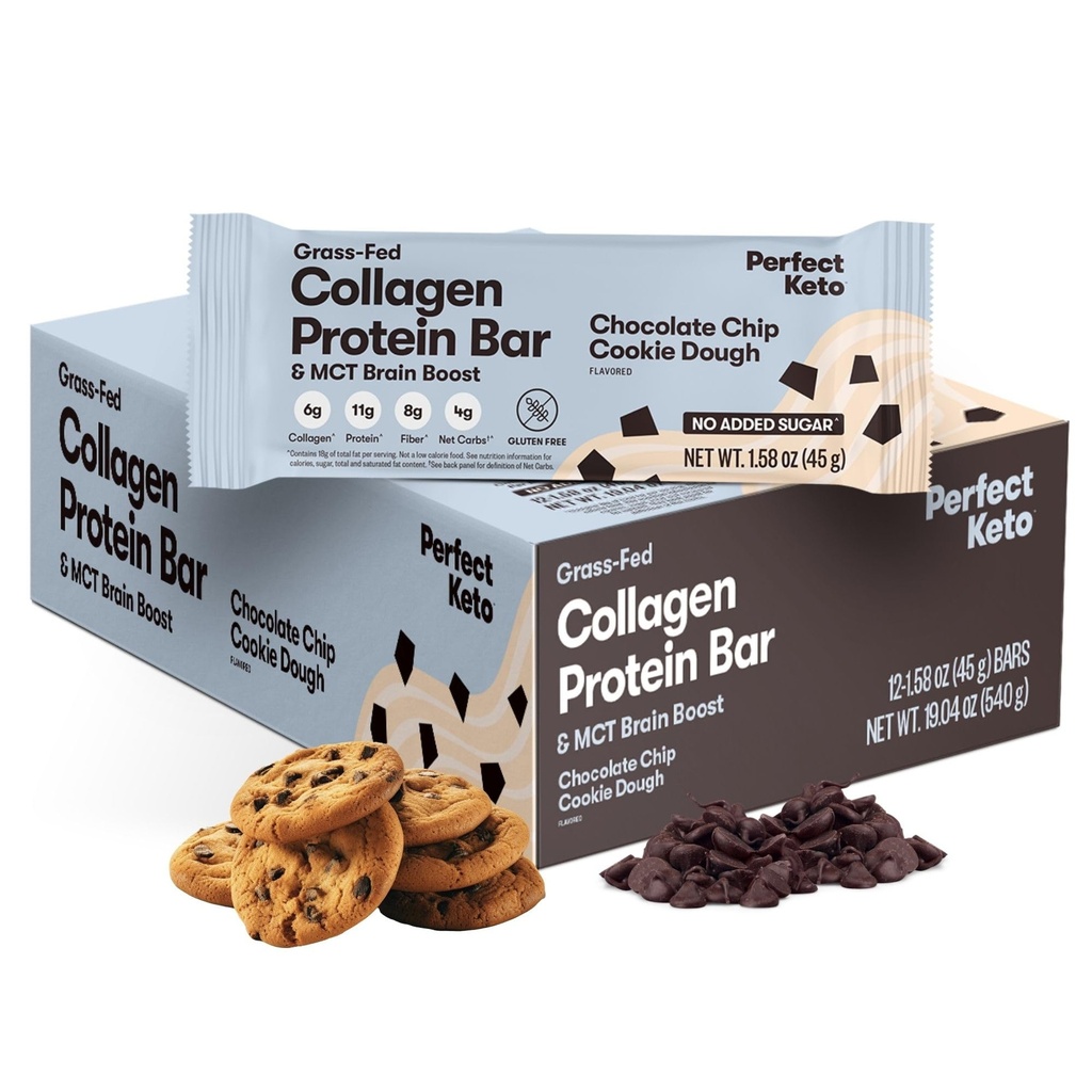 Baruri de proteine Colagen perfecte, gluten Grass Free Fed Colagen + MCT Ulei, carbohidrat scăzut, fără zahăr adăugat, Snacks-uri de proteine ridicate, Keto Diet Foods, 11g Proteina, 18g Fat, 3g carbohidrati net, Ciocolata Chip, 12 Baruri