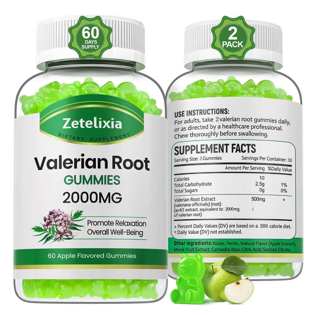 2 Pachet Organic Valerian Root Gummies, Suplimentul Herbal pentru Relaxare & Suport Mood, Gumiile de somn Fără Melatonină pentru adulți, Vegan, Non-GMO, Aroma de mere, 120 Conte