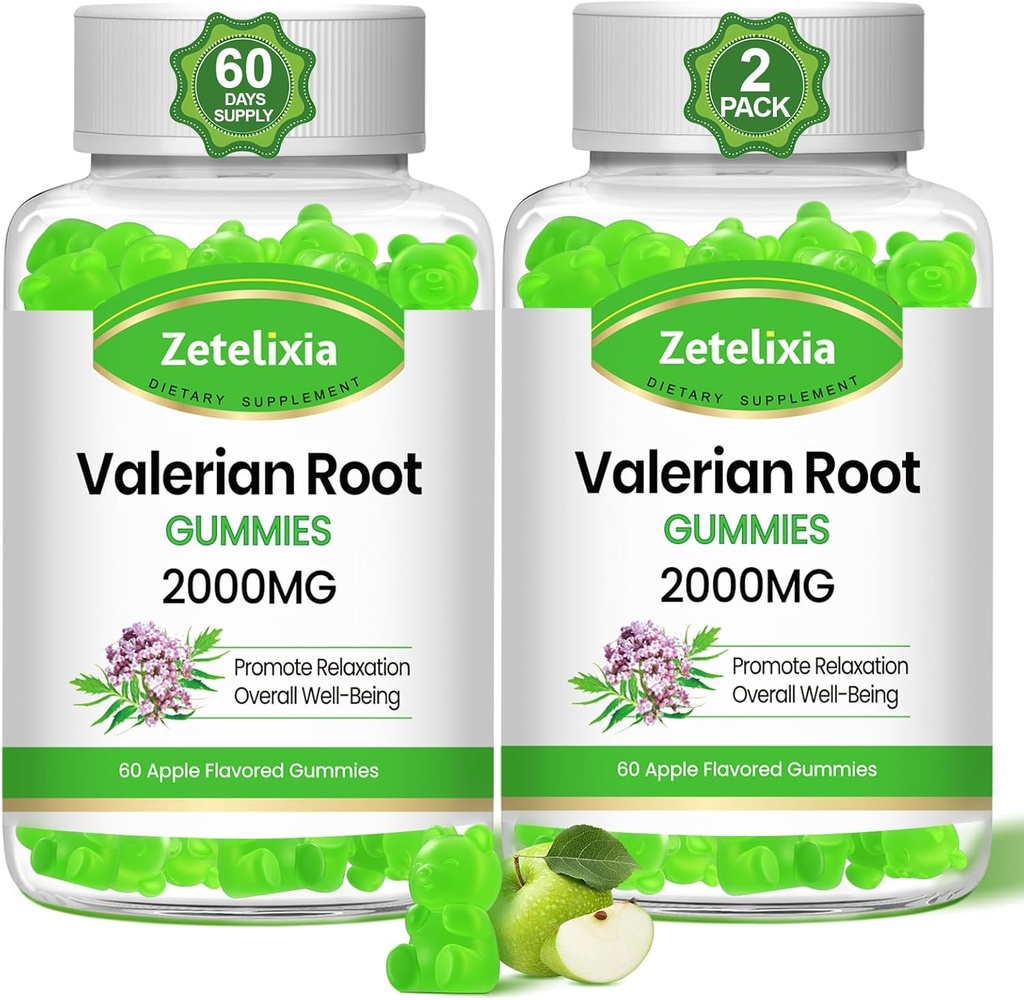 2 Pachet Organic Valerian Root Gummies, Suplimentul Herbal pentru Relaxare & Suport Mood, Gumiile de somn Fără Melatonină pentru adulți, Vegan, Non-GMO, Aroma de mere, 120 Conte